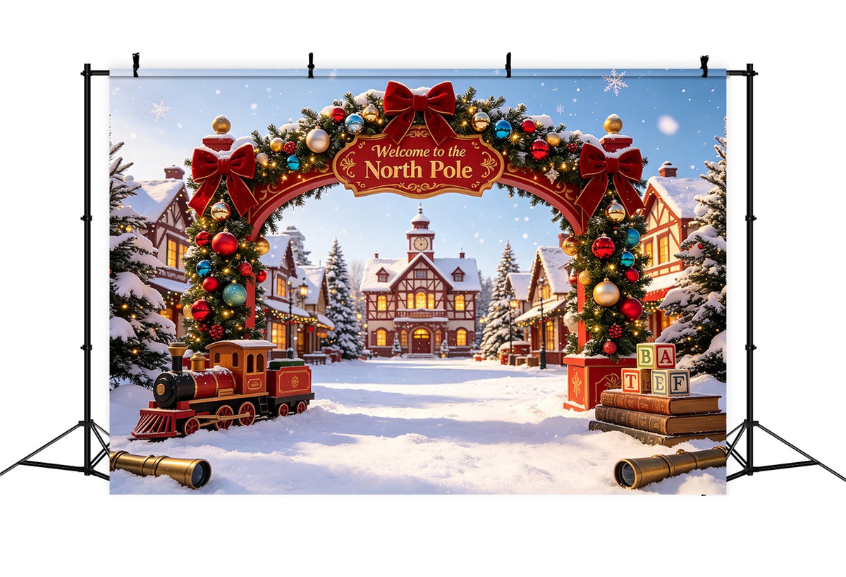 North Pole Christmas Backdrop Snowy Village Gateway Christmas Photography Backdrop UK CSH69-31