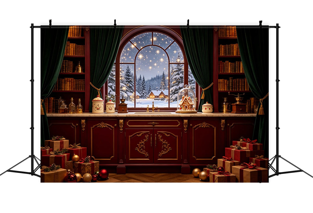 Christmas Night Backdrop Snowy Cottage Window Pantry Photography Christmas Backdrops UK CSH69-37