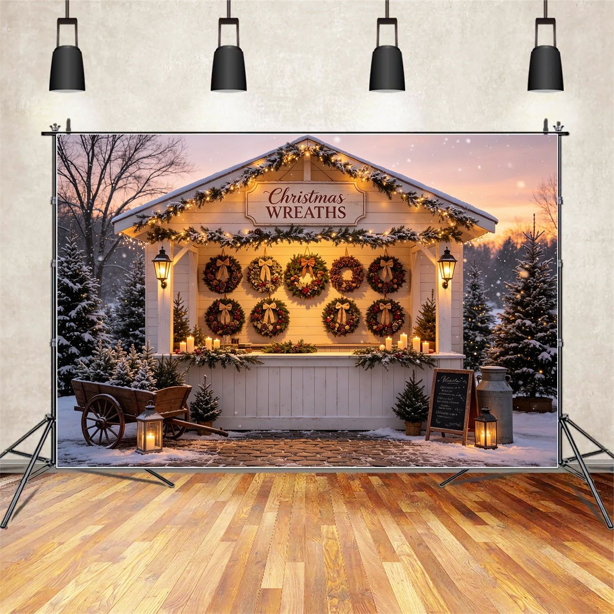 Christmas Wreath Backdrop Snowy Wreath Market Stall Christmas Wall Backdrops UK CSH69-6