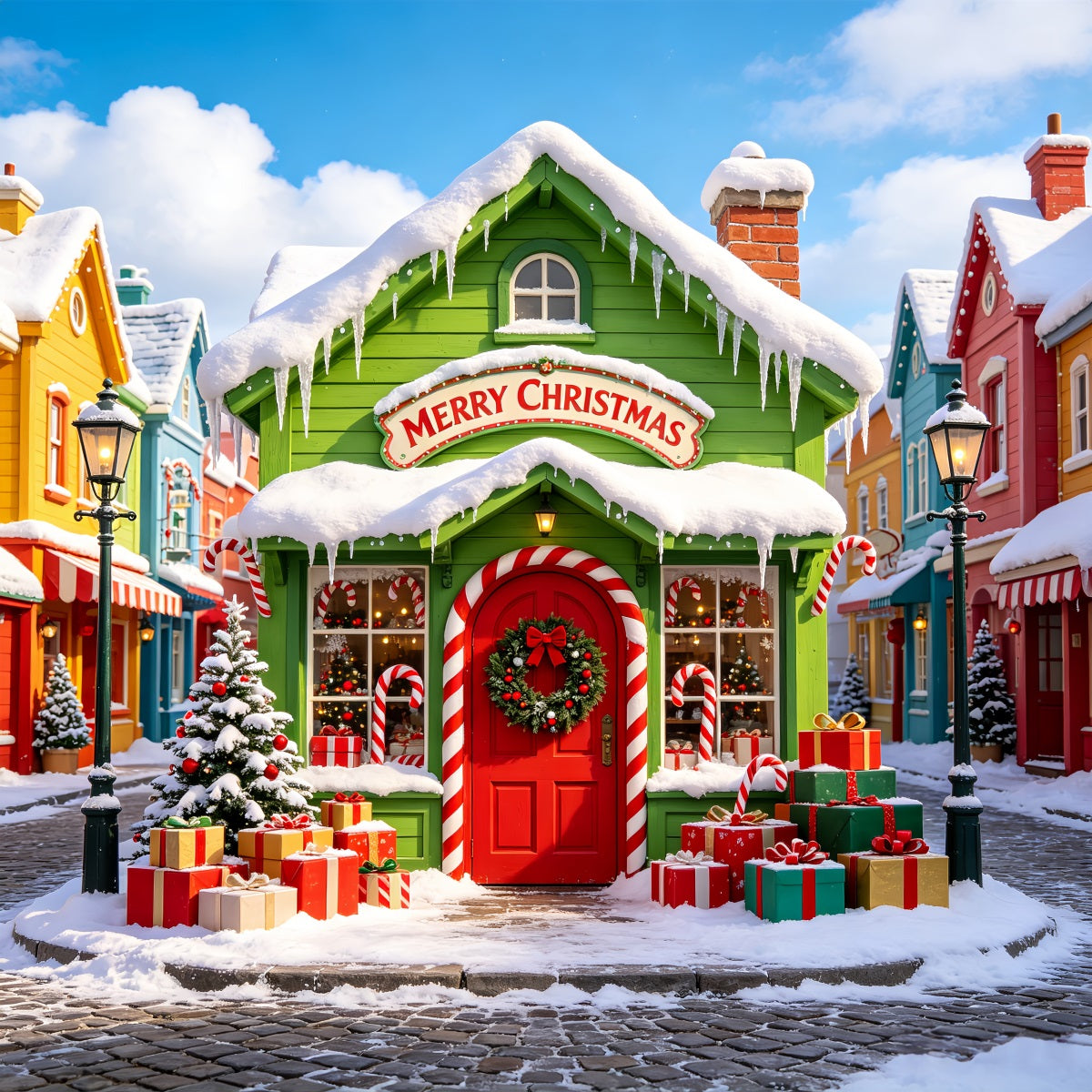Christmas Village Backdrops Snow Colorful Street House Xmas Backdrop UK CSH69-86