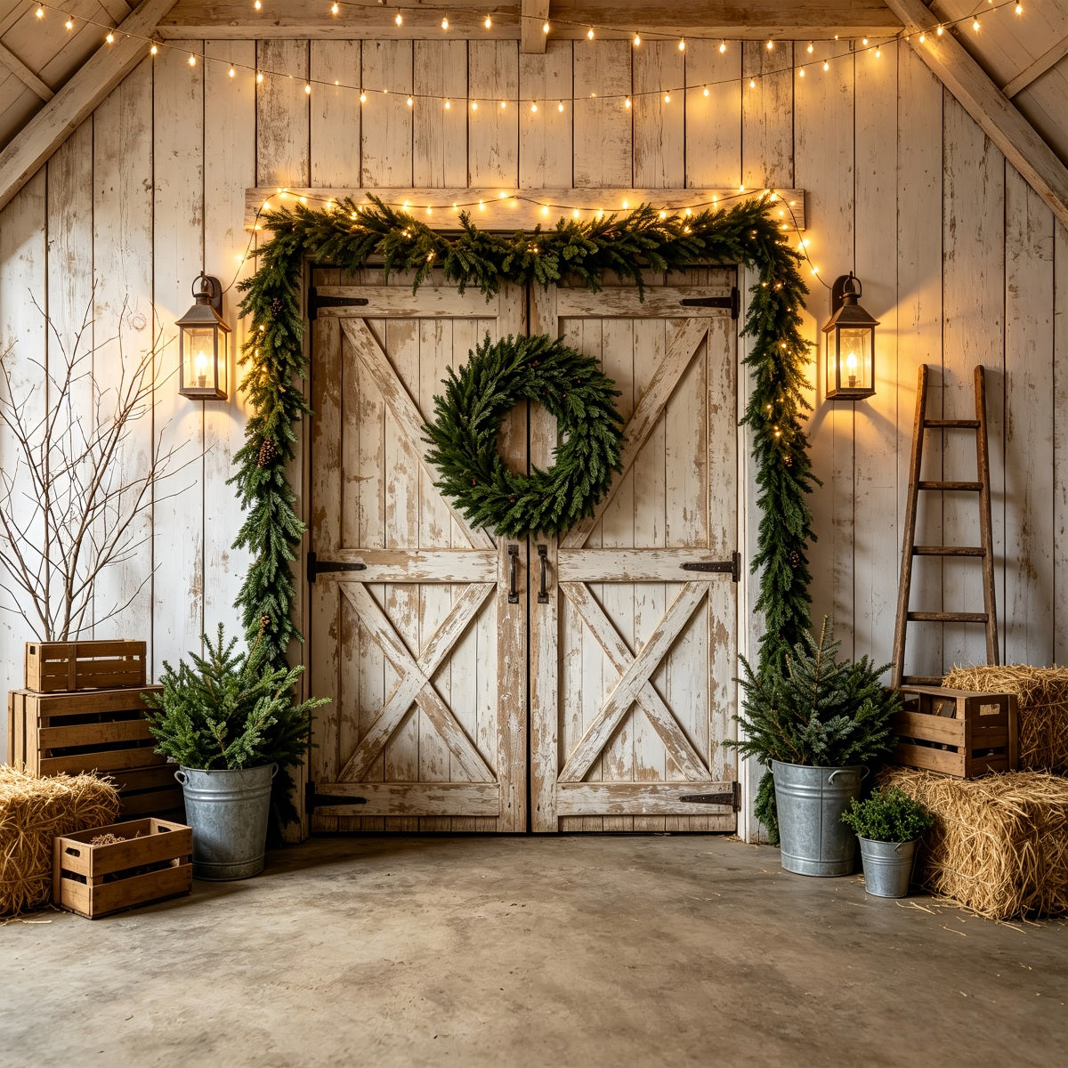Western Christmas Backdrop Rustic White Barn Wreath Christmas Outdoor Backdrop UK CSH69-97
