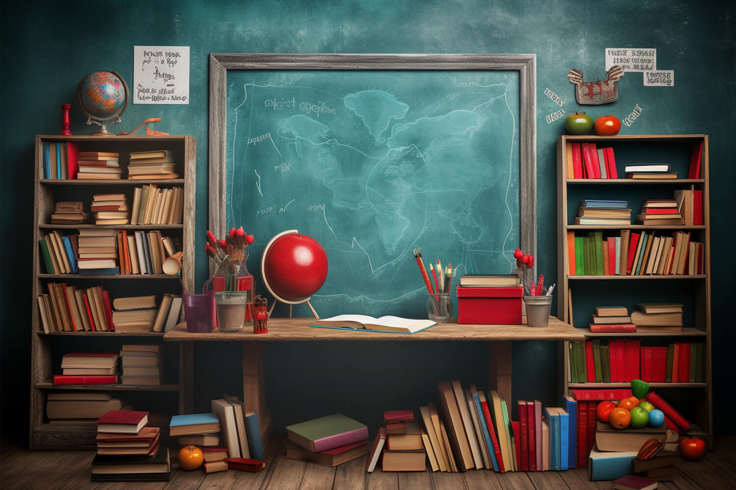 Back to School Chalkboard Bookshelf Globe Backdrop UK DBD7-87