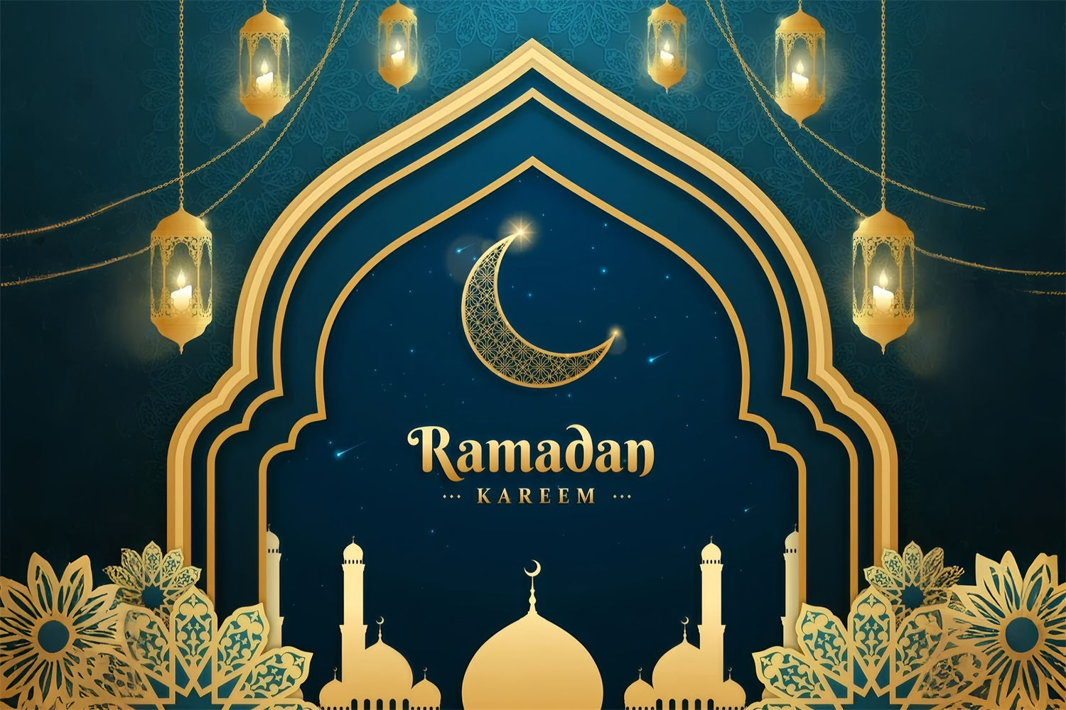 Ramadan Backdrops Gold Crescent Mosque Arch Backdrop UK GQ3-1