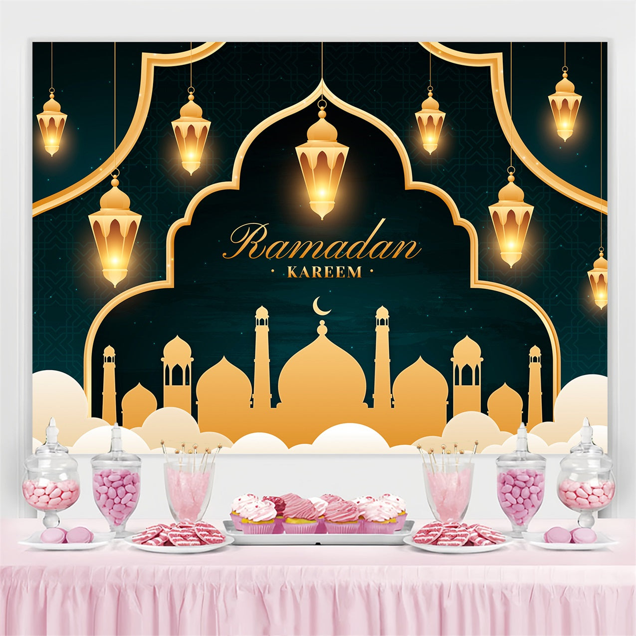 Ramadan Mubarak Backdrop Glowing Gold Lantern Arch Backdrop UK GQ3-10