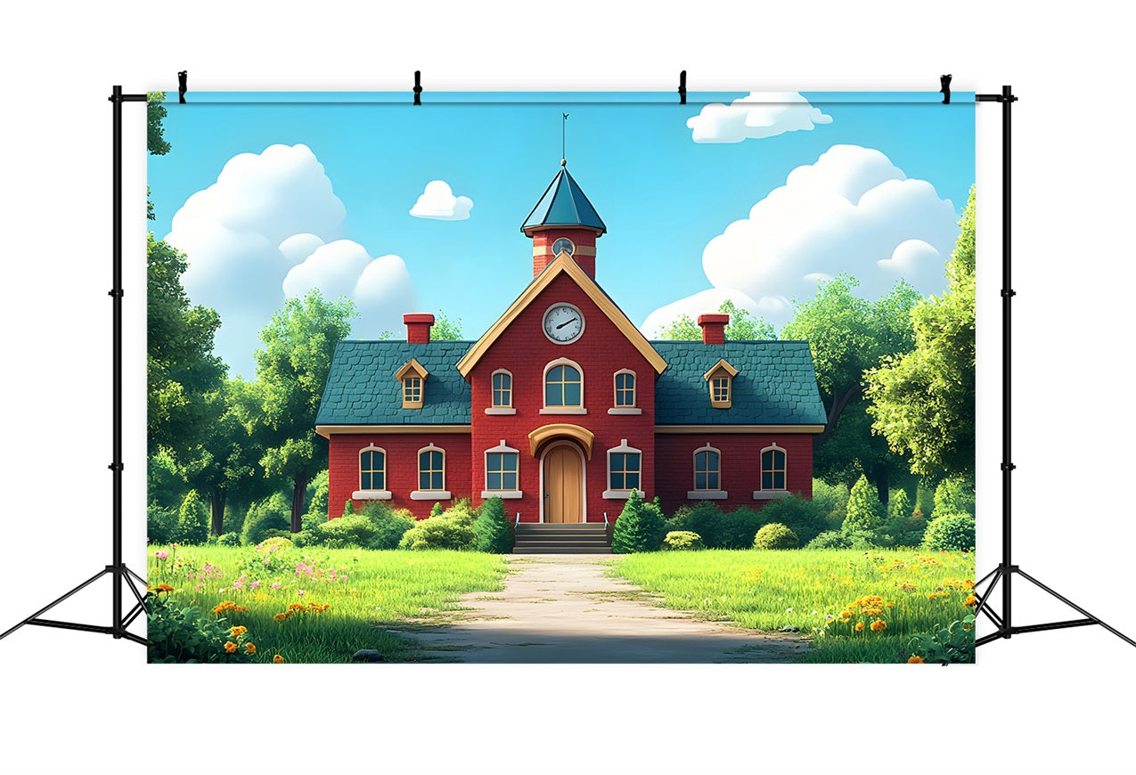 Back To School Picture Backdrop Red Brick Schoolhouse Backdrop UK GQ3-111