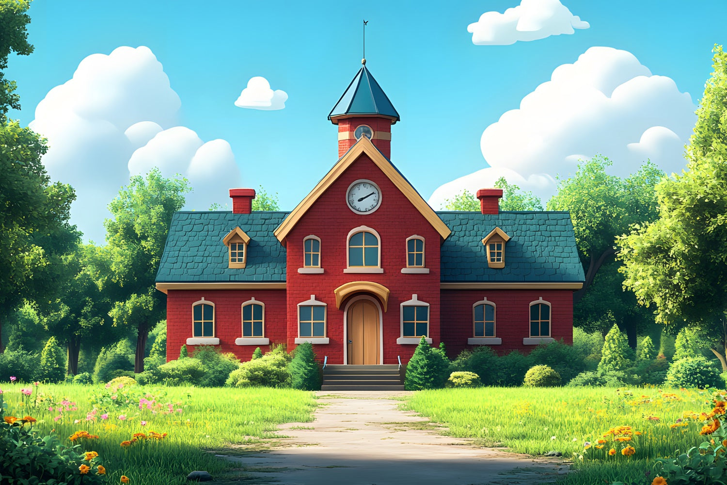 Back To School Picture Backdrop Red Brick Schoolhouse Backdrop UK GQ3-111