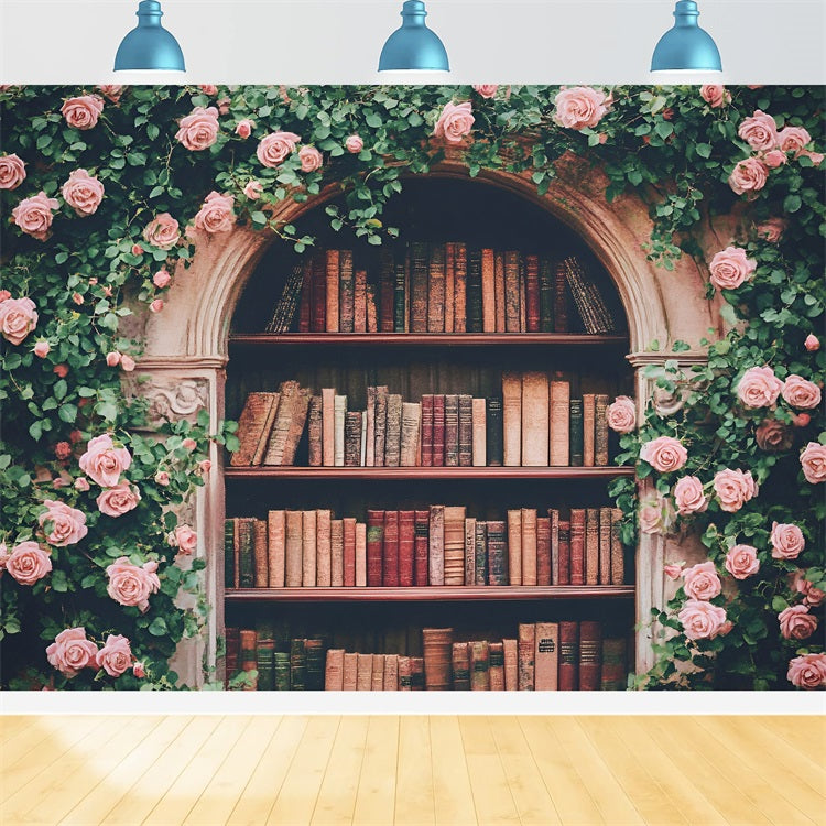 Welcome Back To School Photo Backdrop Rose Arch Bookshelf Backdrop UK GQ3-114