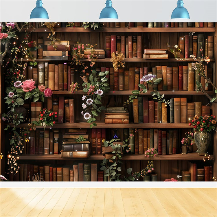 Back To School Photo Backdrops Library Floral Bookshelf Backdrop UK GQ3-122