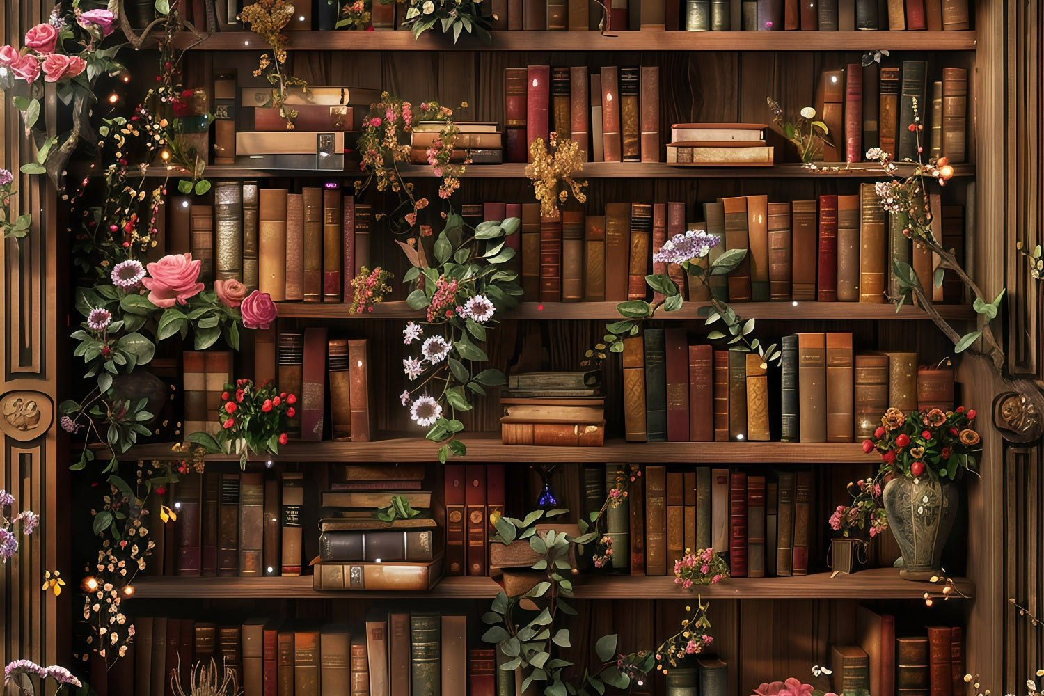 Back To School Photo Backdrops Library Floral Bookshelf Backdrop UK GQ3-122