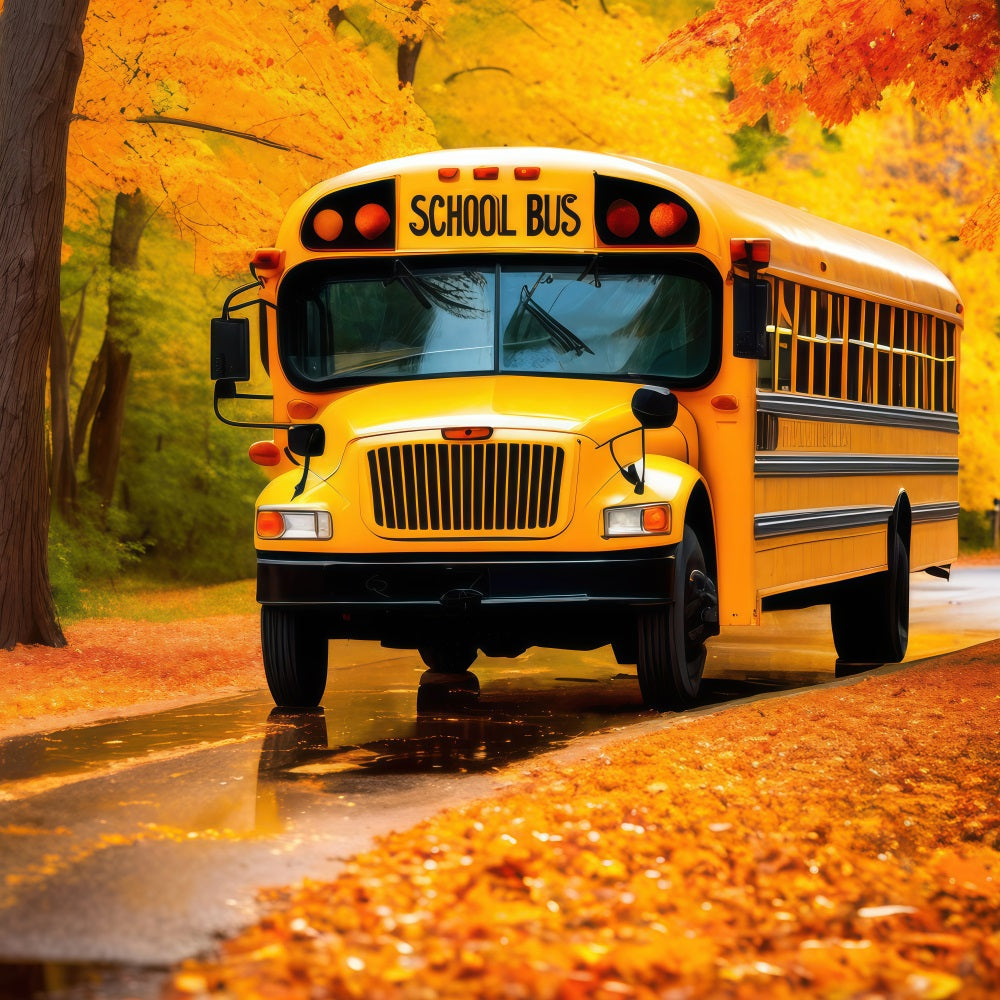 Back To School Photography Backdrops Autumn Leaves School Bus Backdrop UK GQ3-128