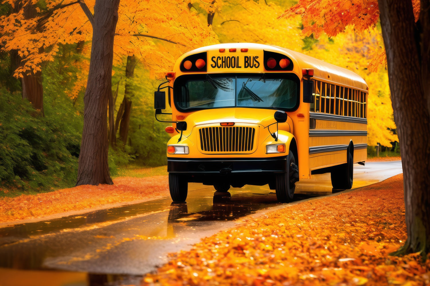Back To School Photography Backdrops Autumn Leaves School Bus Backdrop UK GQ3-128