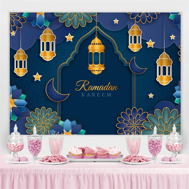 Ramadan Mubarak Backdrop Blue Gold Lanterns Floral Arch Backdrop UK GQ3-2