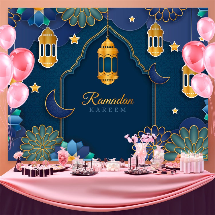 Ramadan Mubarak Backdrop Blue Gold Lanterns Floral Arch Backdrop UK GQ3-2