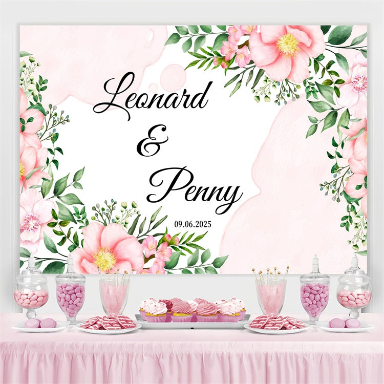 Custom Wedding Backdrops Watercolor Pink Bloom Greenery Backdrop UK GQ3-229