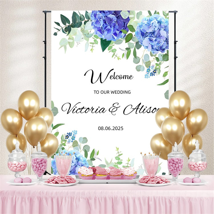 Personalized Wedding Backdrop Blue Floral Leafy Welcome Backdrop UK GQ3-237