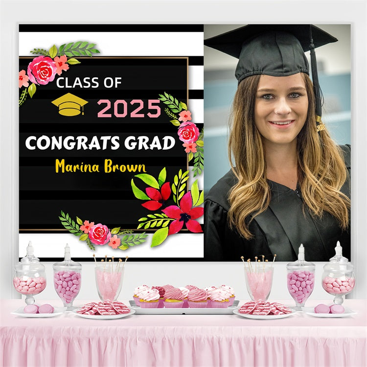 Customized Graduation Backdrop Black White Stripe Graduation Party Backdrop UK GQ3-246