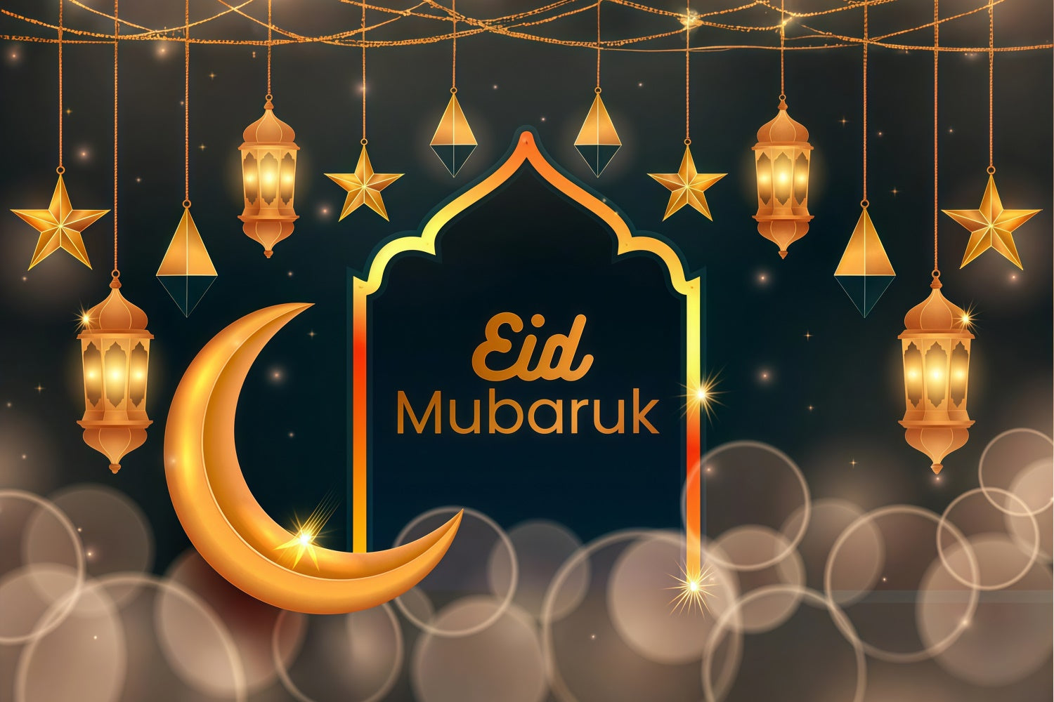 Eid Mubarak Backdrop Crescent Moon Hanging Lanterns Backdrop UK GQ3-62