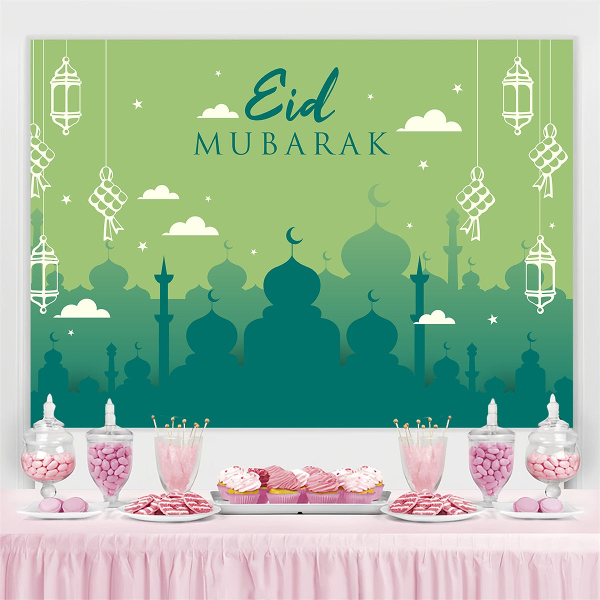 Eid Mubarak Backdrop Green Mosque Silhouette Eid Backdrop UK GQ3-63