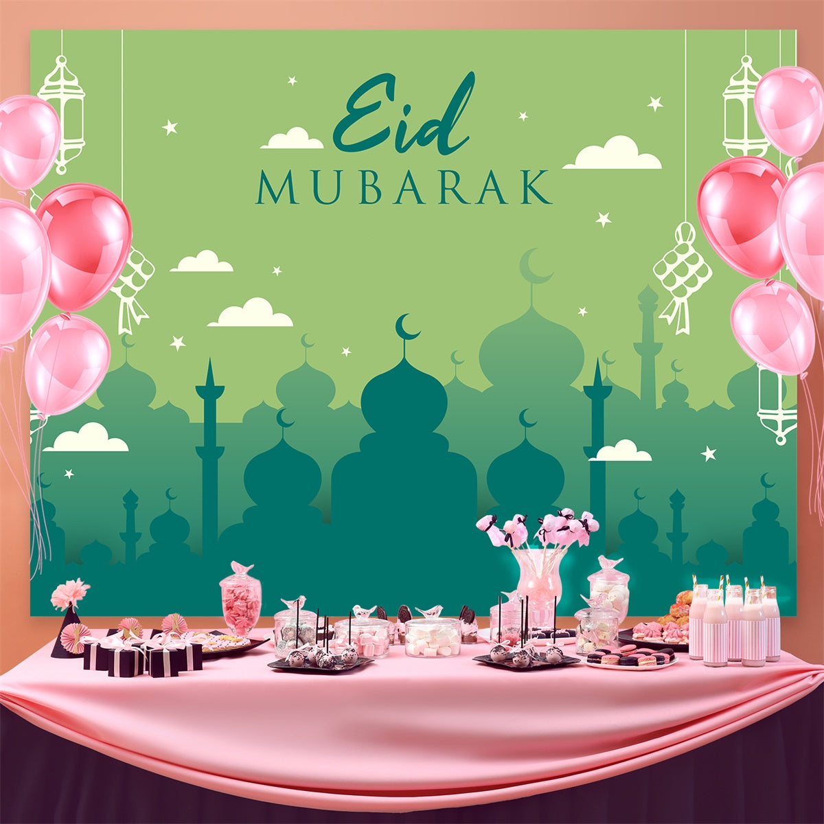 Eid Mubarak Backdrop Green Mosque Silhouette Eid Backdrop UK GQ3-63