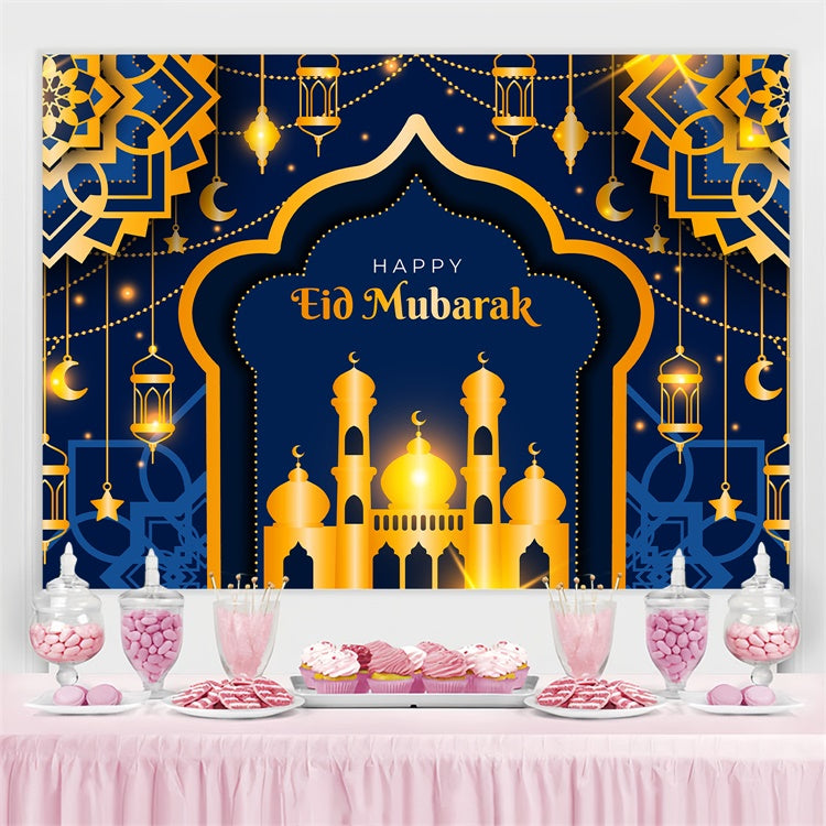 Eid Mubarak Backdrop Deep Blue Gold Mosque Eid Backdrop UK GQ3-67