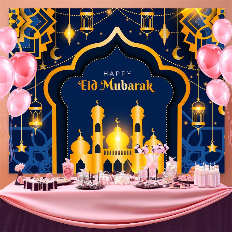 Eid Mubarak Backdrop Deep Blue Gold Mosque Eid Backdrop UK GQ3-67