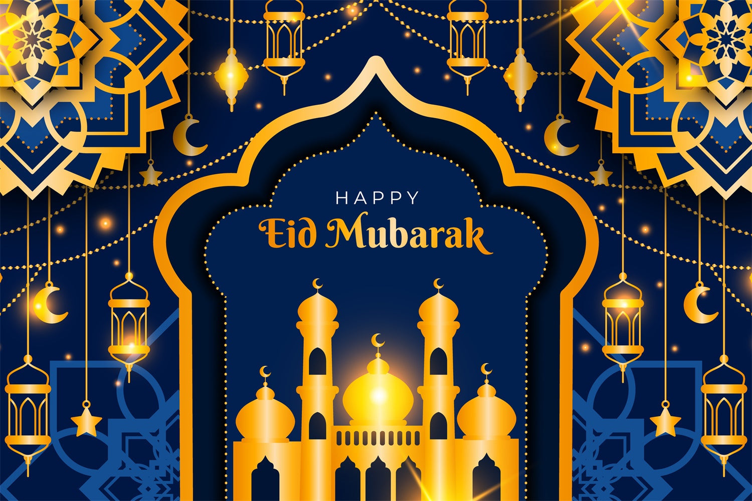 Eid Mubarak Backdrop Deep Blue Gold Mosque Eid Backdrop UK GQ3-67