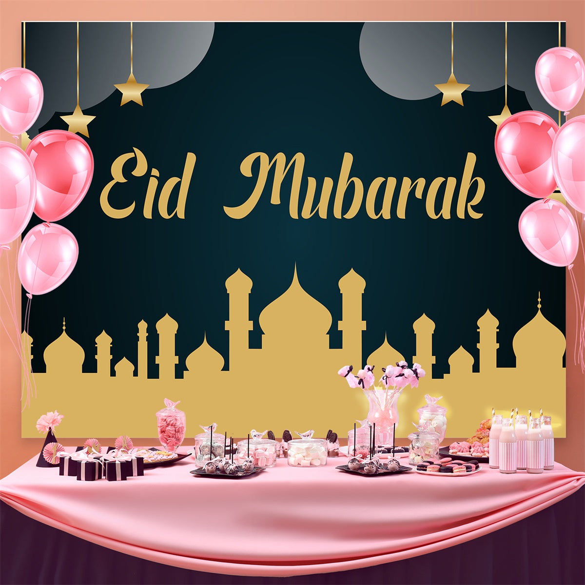 Eid Mubarak Backdrop Golden Mosque Silhouette Eid Backdrop UK GQ3-90