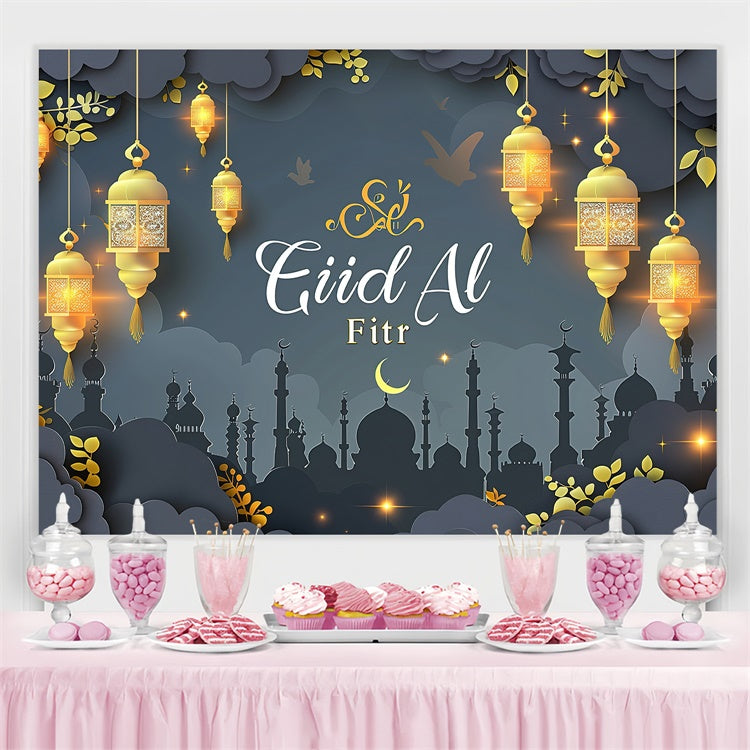 Eid Mubarak Backdrop Dreamy Golden Lights Elegant Gray Backdrop UK GQ3-91