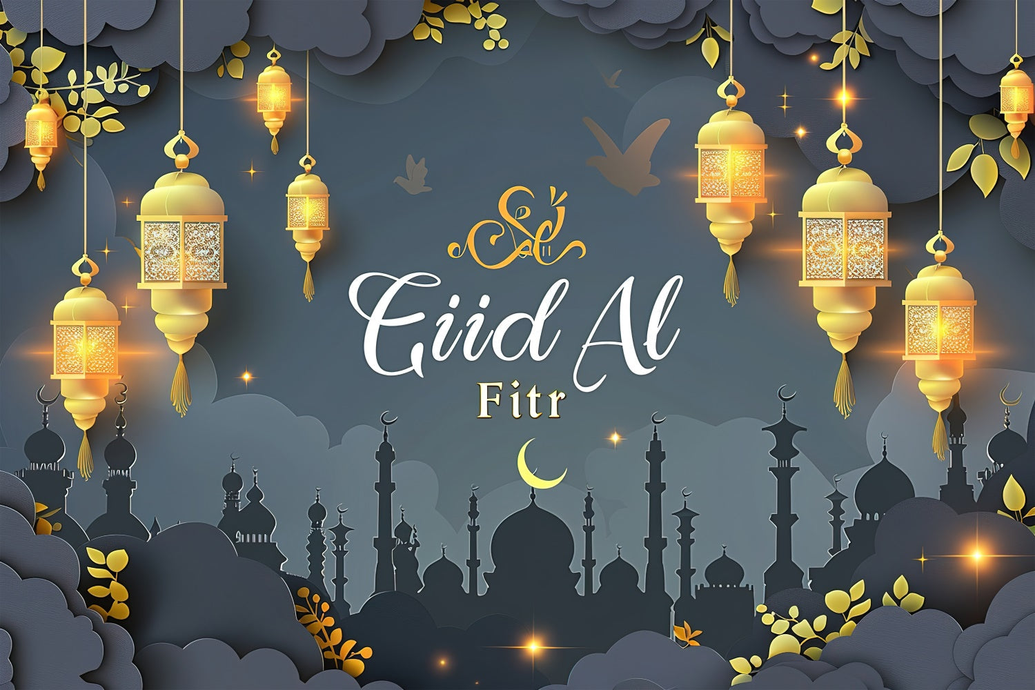 Eid Mubarak Backdrop Dreamy Golden Lights Elegant Gray Backdrop UK GQ3-91