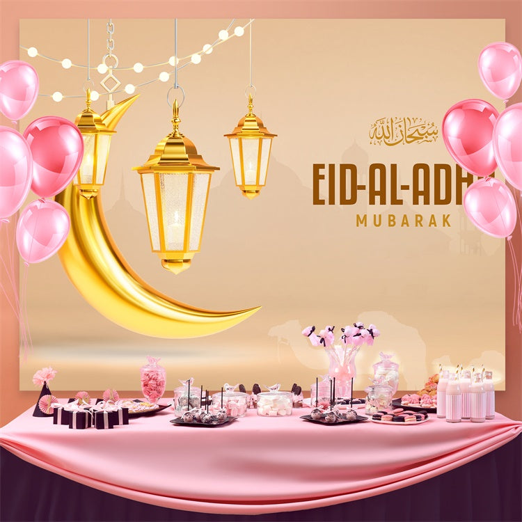 Eid Mubarak Backdrop Warm Beige Golden Crescent Backdrop UK GQ3-94