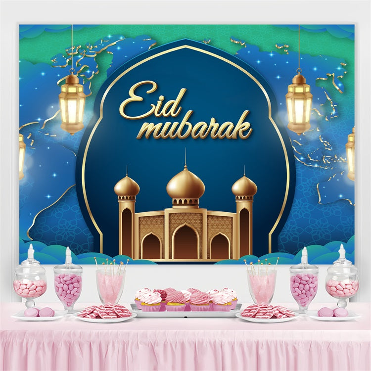 Eid Mubarak Backdrop Golden Lanterns Blue Arch Backdrop UK GQ3-96