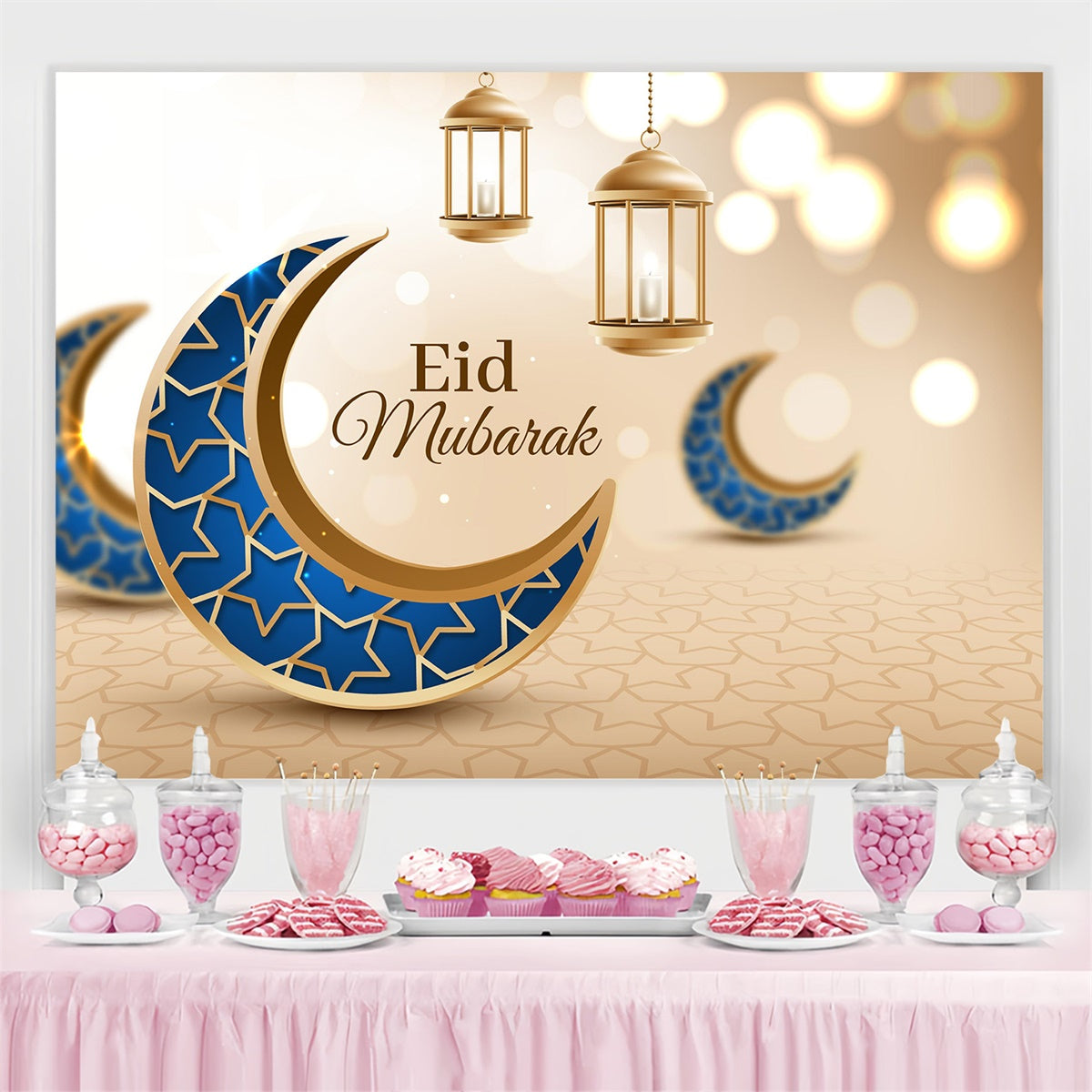 Eid Mubarak Backdrop Arabian Style Blue Gold Crescent Backdrop UK GQ3-98