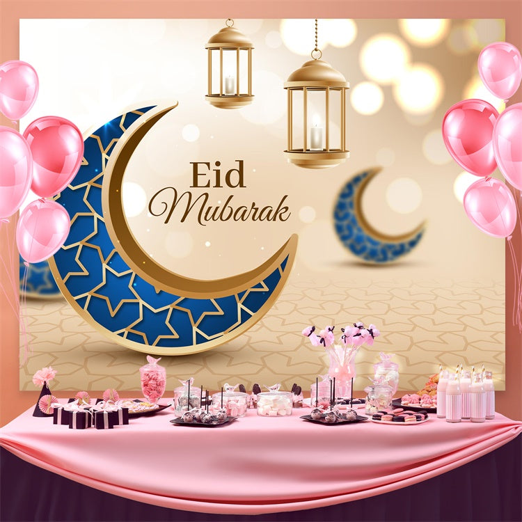 Eid Mubarak Backdrop Arabian Style Blue Gold Crescent Backdrop UK GQ3-98
