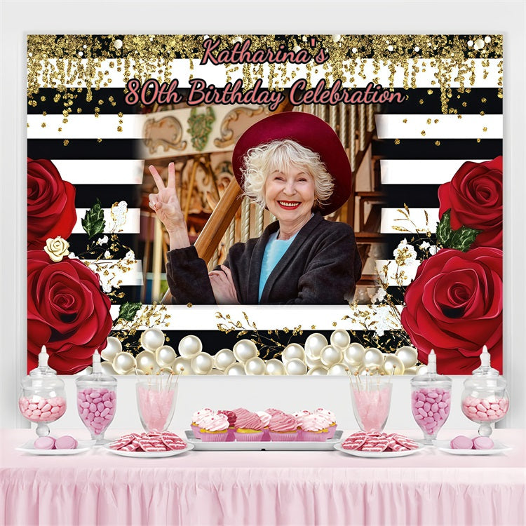 Personalised Birthday Backdrop Rose Pearls 80th Striped Backdrop UK GQ4-11