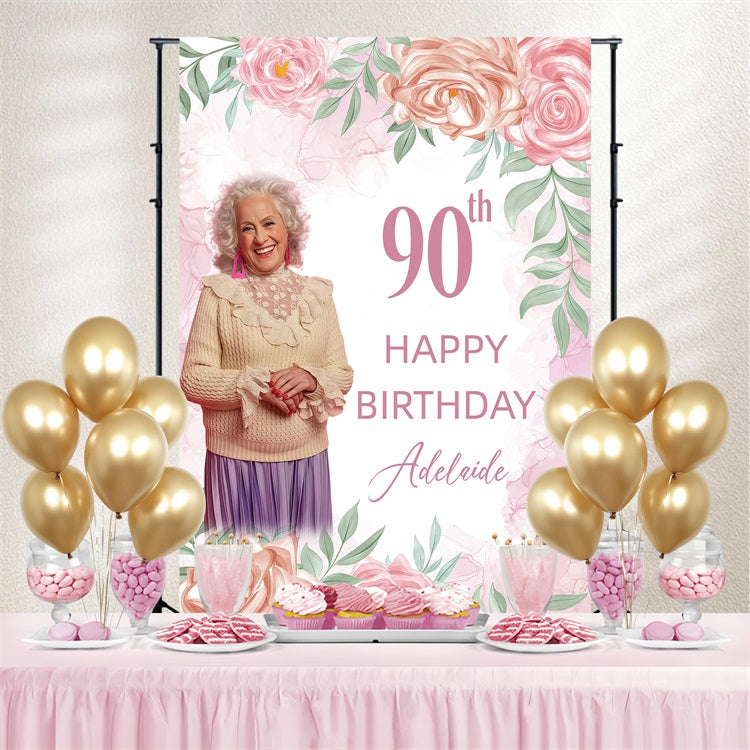 Custom Birthday Backdrop Pink Floral 90th Backdrop UK GQ4-17