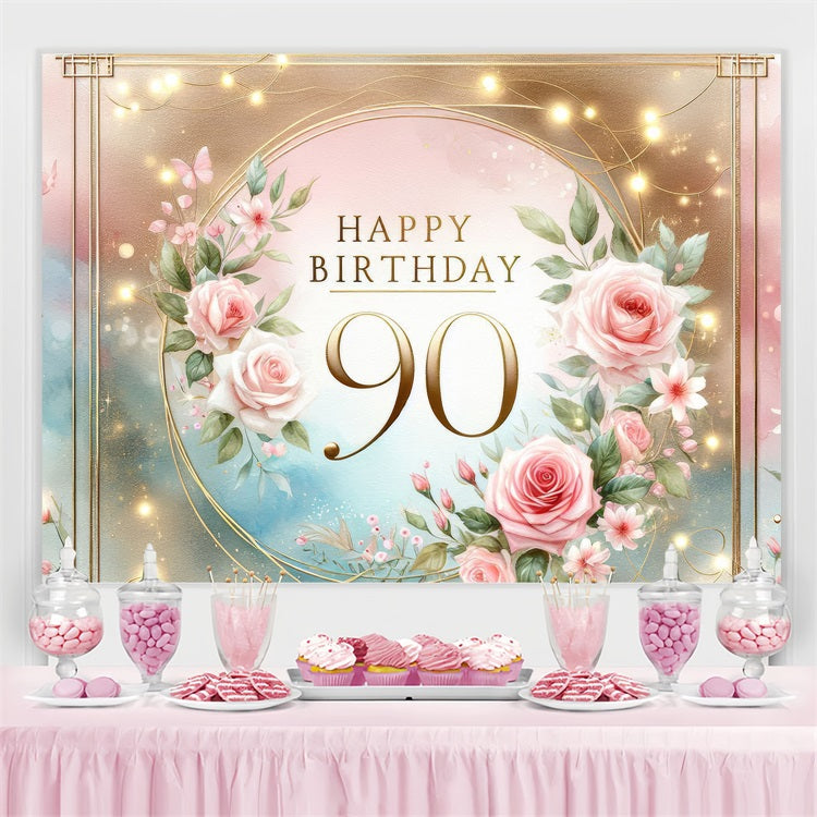 Happy Birthday Backdrop Romantic 90th Floral Glow Customized Backdrop UK GQ4-3