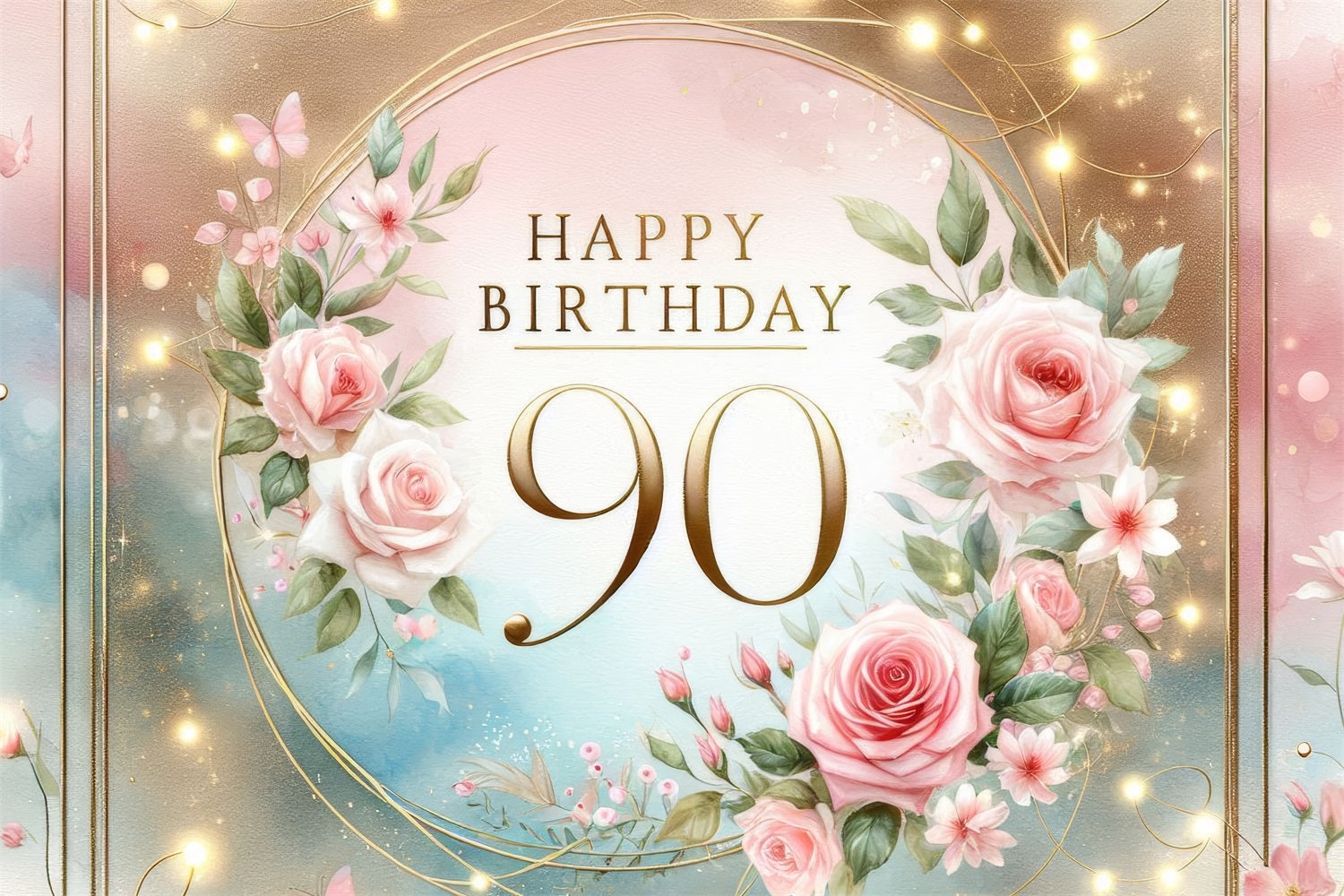 Happy Birthday Backdrop Romantic 90th Floral Glow Customized Backdrop UK GQ4-3