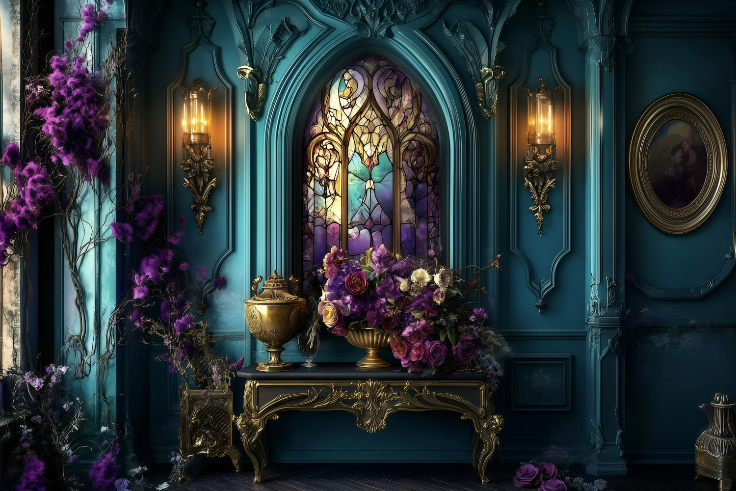 Antique Photo Backdrop Royal Stained Glass Floral Vintage Backdrop UK GQ4-314