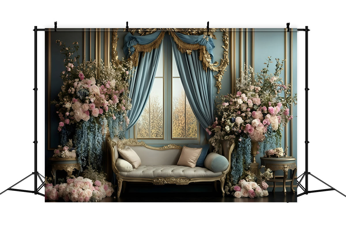 Retro Backdrop Royal Blue Curtain Floral Vintage Photo Backdrops UK GQ4-317