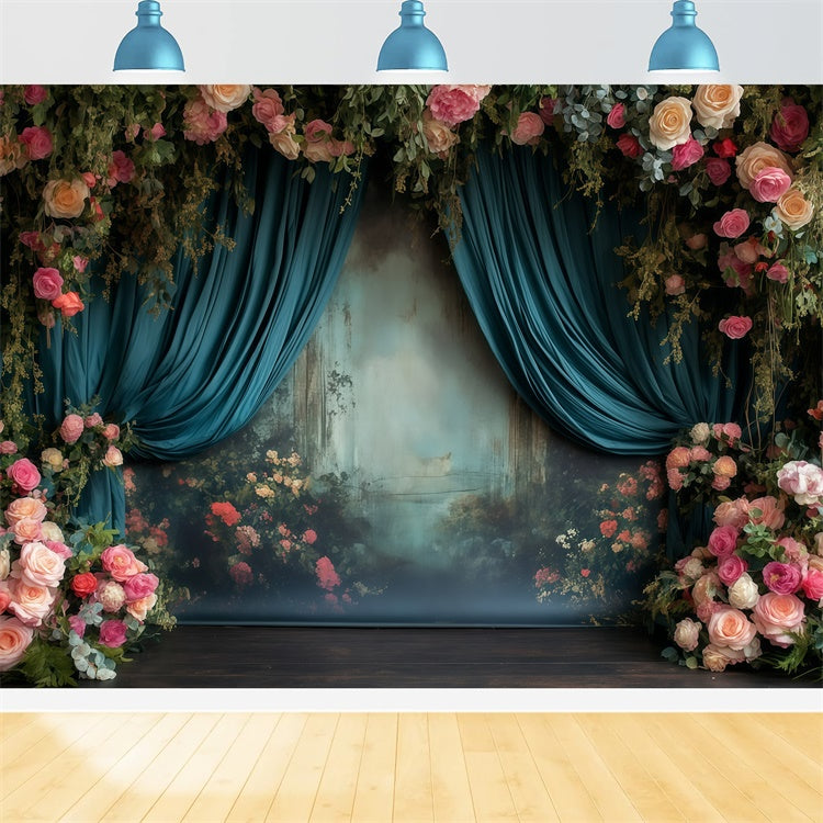 Victorian Backdrop Dreamy Garden Teal Drapes Vintage Backdrops UK GQ4-325