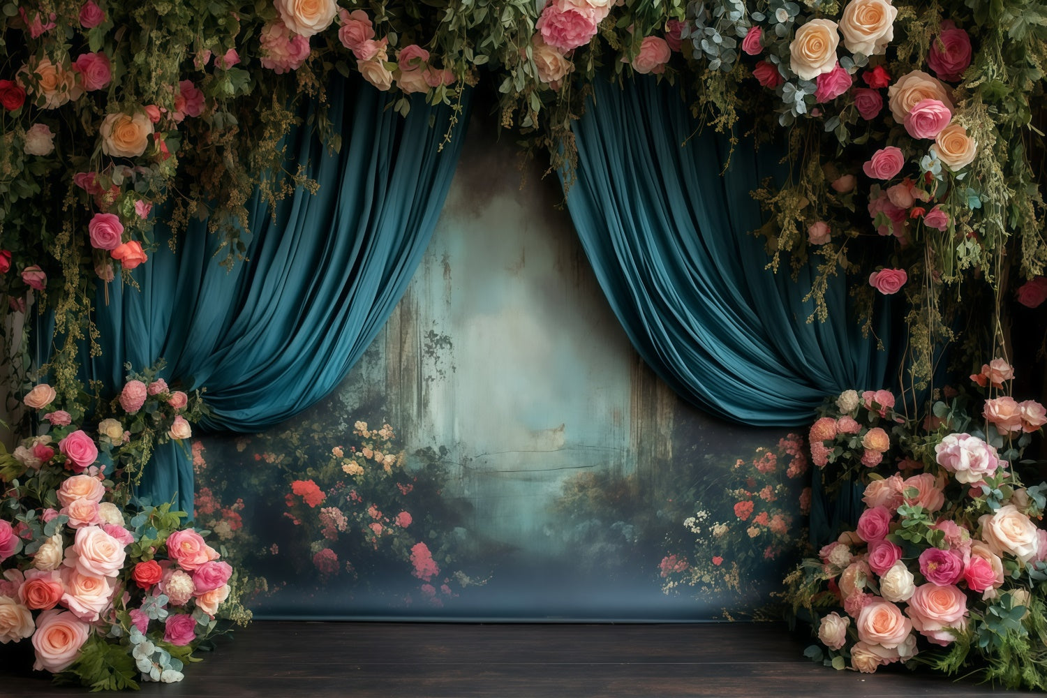 Victorian Backdrop Dreamy Garden Teal Drapes Vintage Backdrops UK GQ4-325