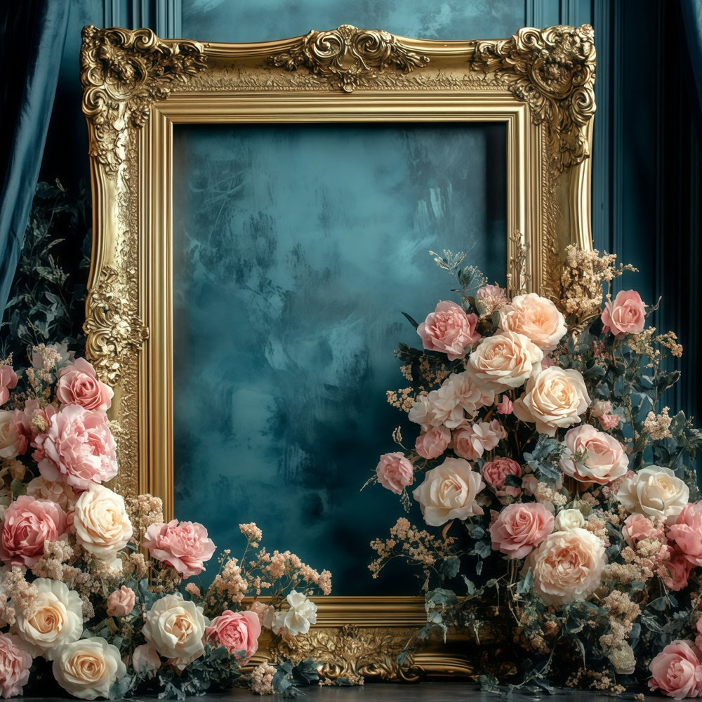 Retro Photo Backdrop Antique Gold Frame Floral Vintage Backdrop UK GQ4-326