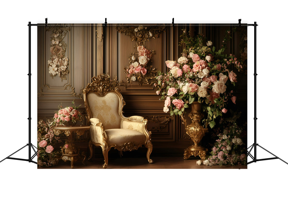 Antique Photo Backdrop Golden Chair Floral Wall Vintage Backdrop UK GQ4-332