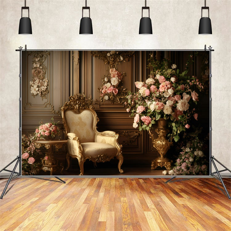 Antique Photo Backdrop Golden Chair Floral Wall Vintage Backdrop UK GQ4-332