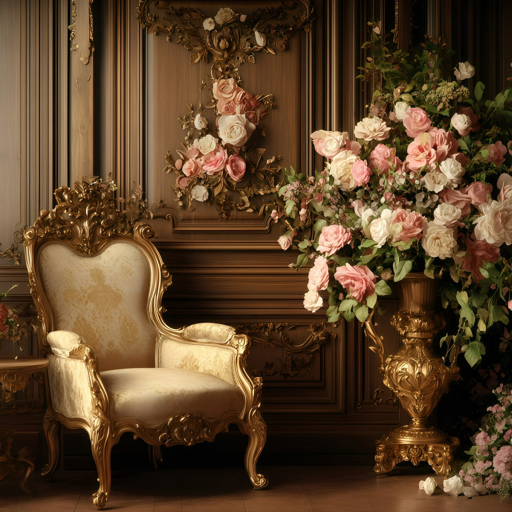 Antique Photo Backdrop Golden Chair Floral Wall Vintage Backdrop UK GQ4-332