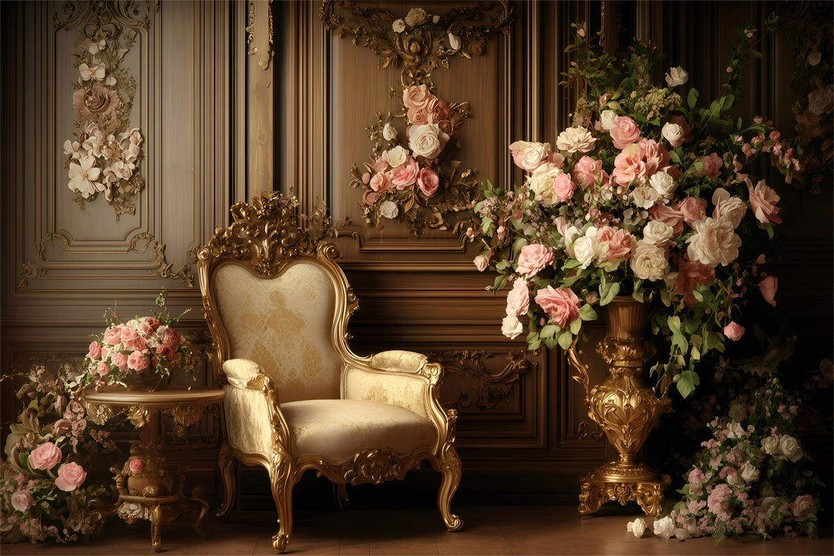 Antique Photo Backdrop Golden Chair Floral Wall Vintage Backdrop UK GQ4-332