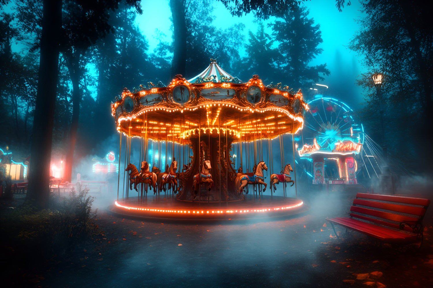 Carnival Backdrop Enchanted Forest Carousel Ferris Backdrop UK GQ5-123
