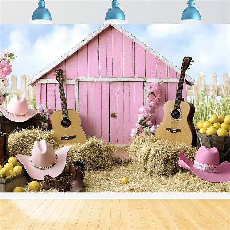 Cowgirl Backdrop Ideas Pink Barn Guitar Western Kids Backdrop UK GQ5-180