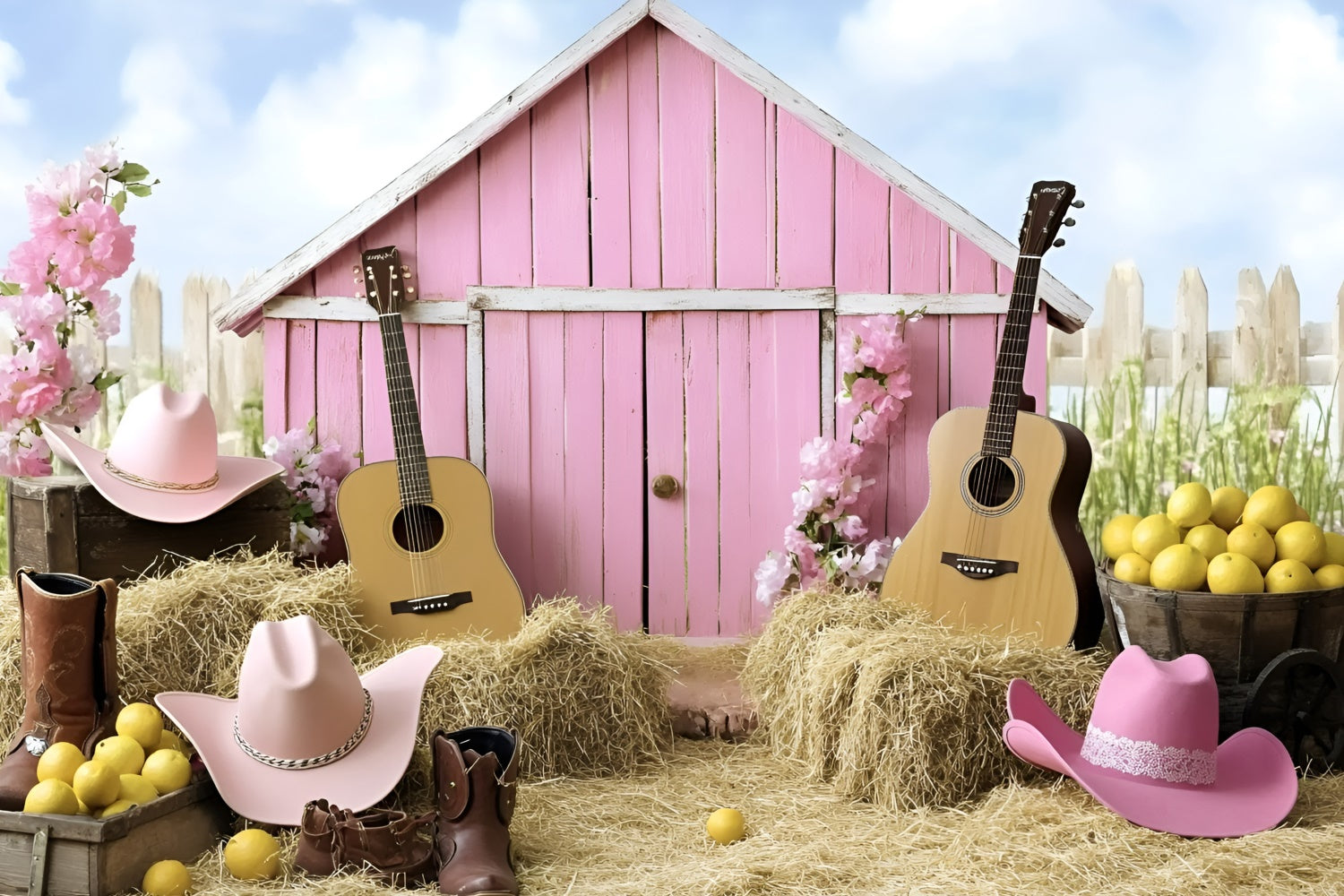 Cowgirl Backdrop Ideas Pink Barn Guitar Western Kids Backdrop UK GQ5-180