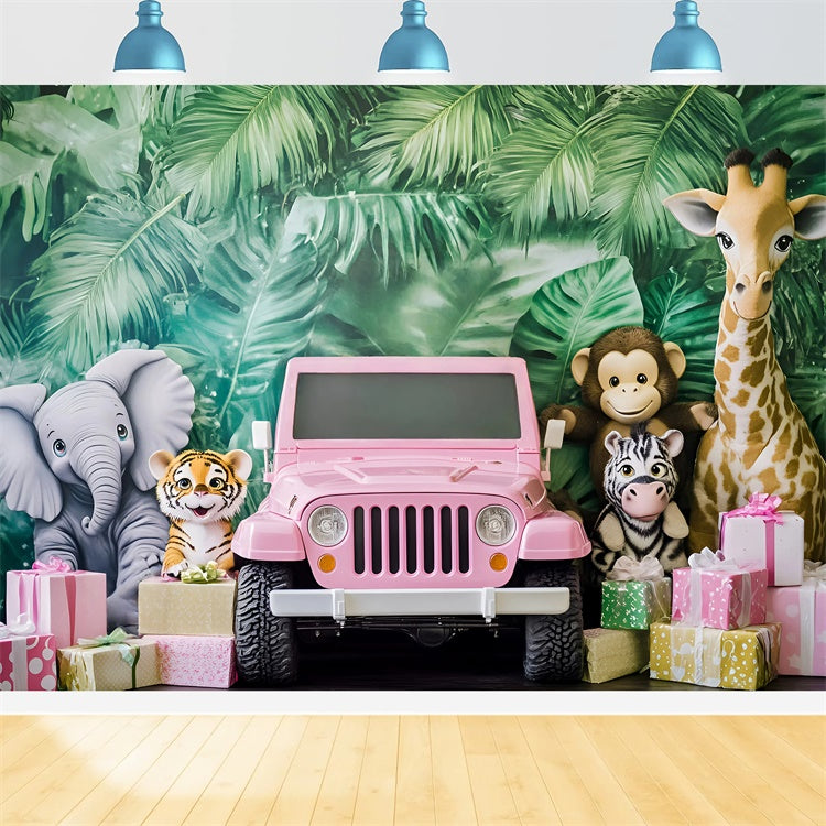 Children Backdrops Jungle Safari Pink Jeep Backdrop UK GQ5-206